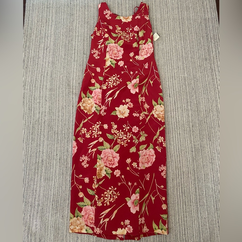 NWT Vintage Jessica Howard Sheath Red Floral Open Back Midi Silk Dress size 8